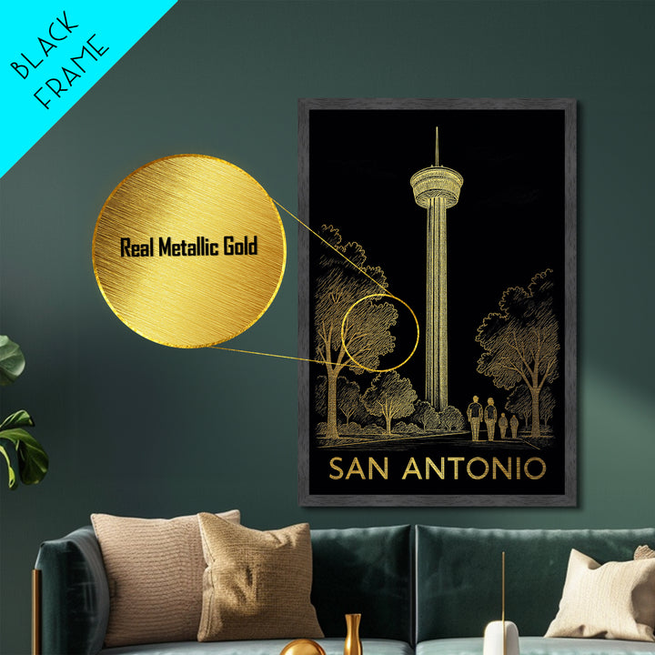 San Antonio Texas art, Metallic Gold Art, Housewarming Gift, Metal Art, Wood Framed Art, Newlywed Travel Gift, Honeymoon Gift