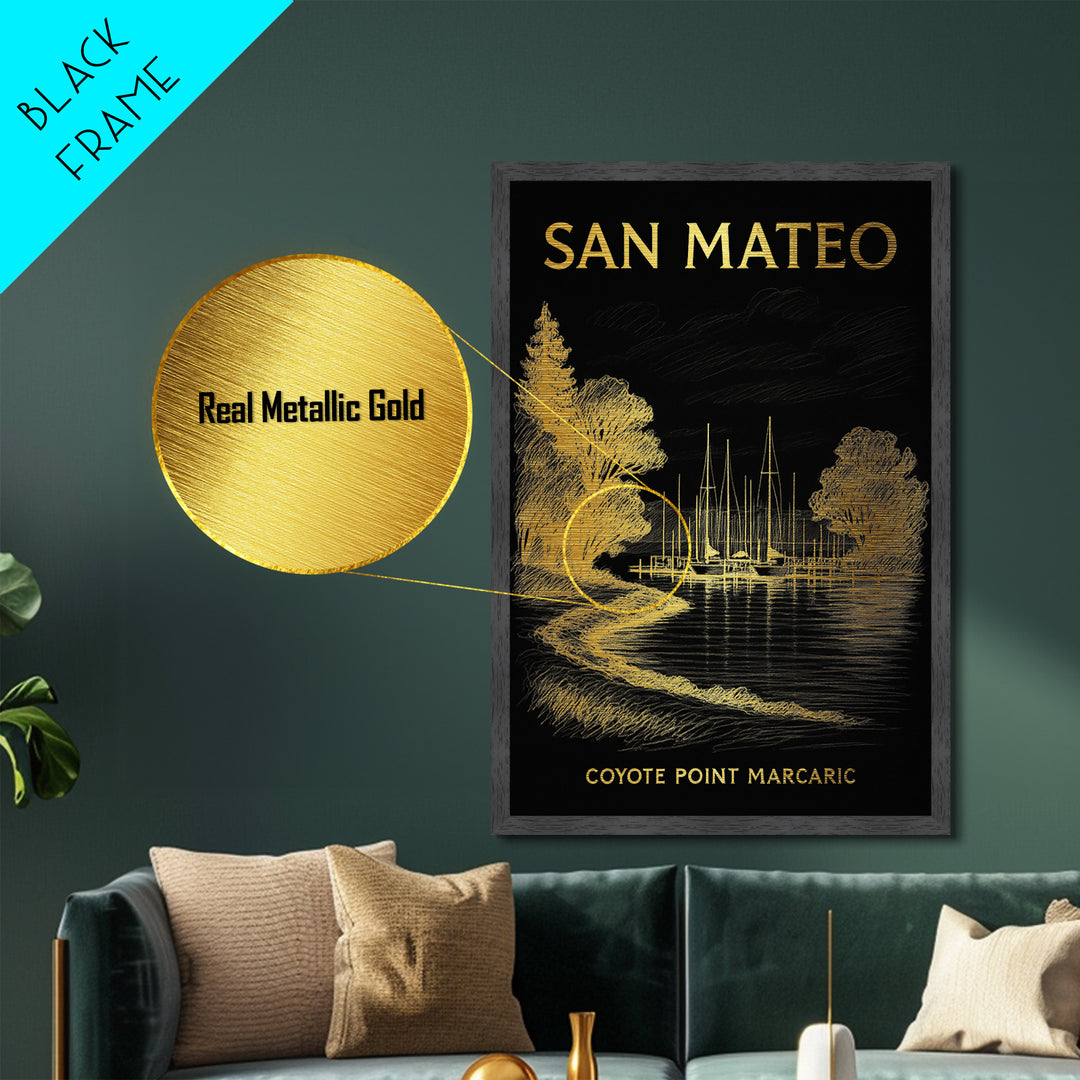 San Mateo California travel, Metallic Gold Print, Office Decor, Metal Art, Wood Framed Art, Graduation Travel Gift, Destination Gift