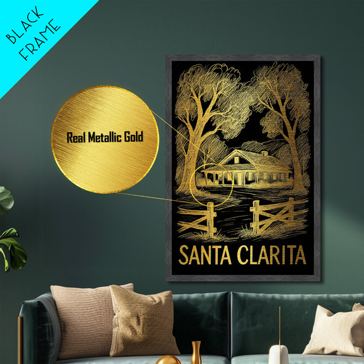 Santa Clarita California art, Metallic Gold Art, Housewarming Gift, Metal Art, Wood Framed Art, Newlywed Travel Gift, Honeymoon Gift