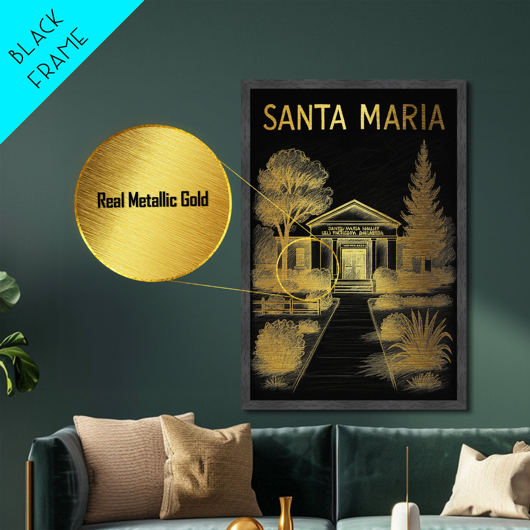 Santa Maria California travel, Metallic Gold Print, Closing Gift, Metal Art, Wood Framed Art, Anniversary Travel Gift, Retirement Gift