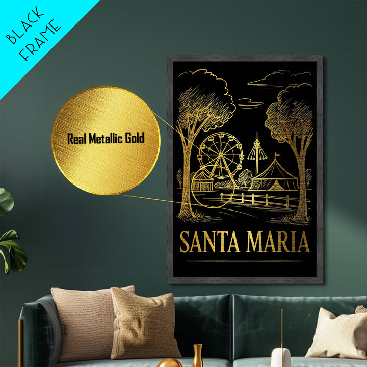 Santa Maria California art, Metallic Gold Art, Office Decor, Metal Art, Wood Framed Art, Graduation Travel Gift, Destination Gift