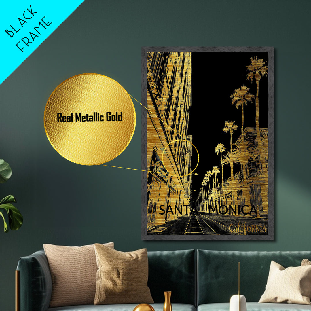 Santa Monica California travel, Metallic Gold Print, Modern House Art, Metal Art, Wood Framed Art, Wanderlust Gift, Travel Art Prints