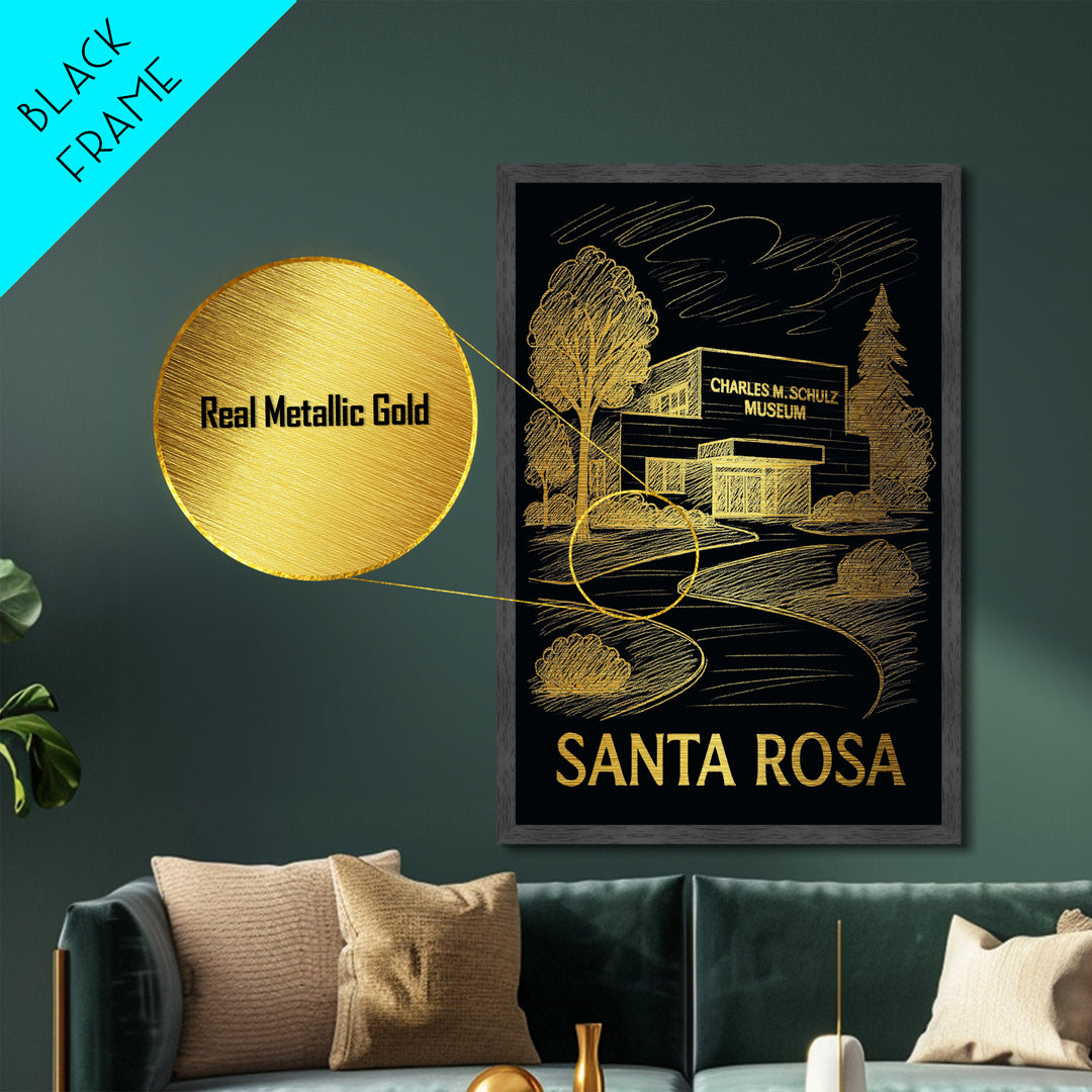 Santa Rosa California art, Metallic Gold Print, Modern House Art, Metal Art, Wood Framed Art, Traveler Gift, Destination Gift
