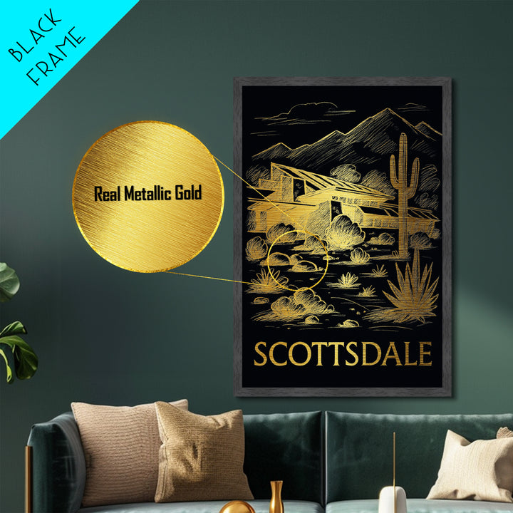 Scottsdale Arizona art, Metallic Gold Print, Modern Skyline Wall Print, Metal Art, Wood Framed Art, Adventure Lover Gift, Travel Gift