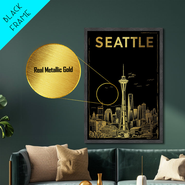 Seattle Washington travel, Metallic Gold Art, Housewarming Gift, Metal Art, Wood Framed Art, Newlywed Travel Gift, Honeymoon Gift