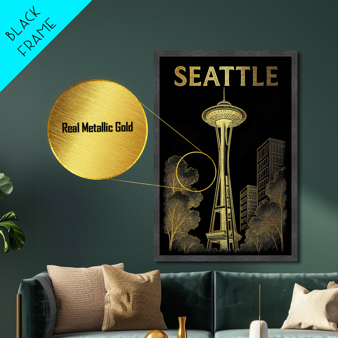 Seattle Washington travel, Metallic Gold Art, Office Decor, Metal Art, Wood Framed Art, Graduation Travel Gift, Destination Gift