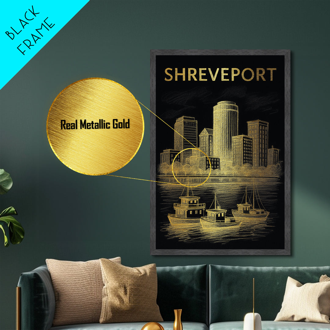 Shreveport Louisiana travel, Metallic Gold Print, Modern House Art, Metal Art, Wood Framed Art, Wanderlust Gift, Travel Art Prints