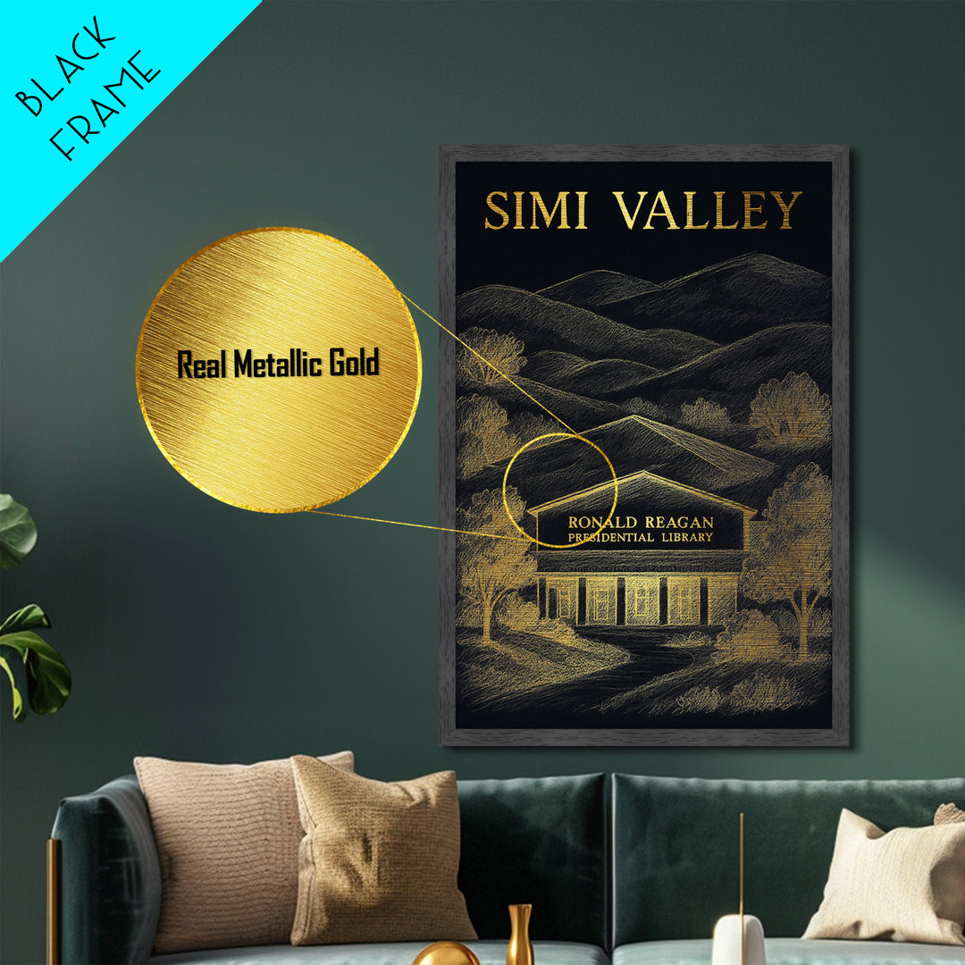 Simi Valley California travel, Metallic Gold Print, Modern House Art, Metal Art, Wood Framed Art, Traveler Gift, Destination Gift