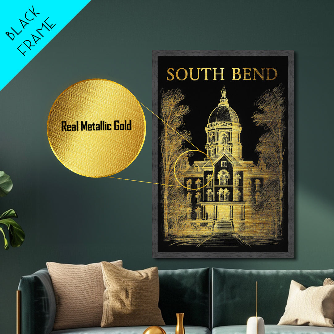 South Bend Indiana travel, Metallic Gold Print, Modern Skyline Wall Print, Metal Art, Wood Framed Art, Adventure Lover Gift, Travel Gift