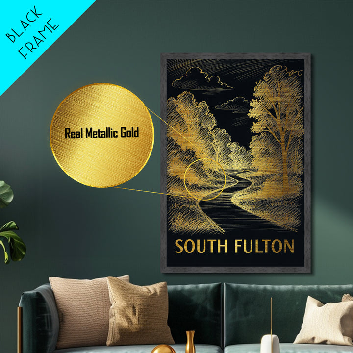 South Fulton Georgia art, Metallic Gold Art, Office Decor, Metal Art, Wood Framed Art, Graduation Travel Gift, Destination Gift