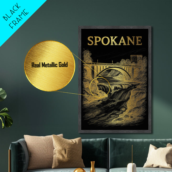 Spokane Washington travel, Metallic Gold Print, Modern House Art, Metal Art, Wood Framed Art, Traveler Gift, Destination Gift