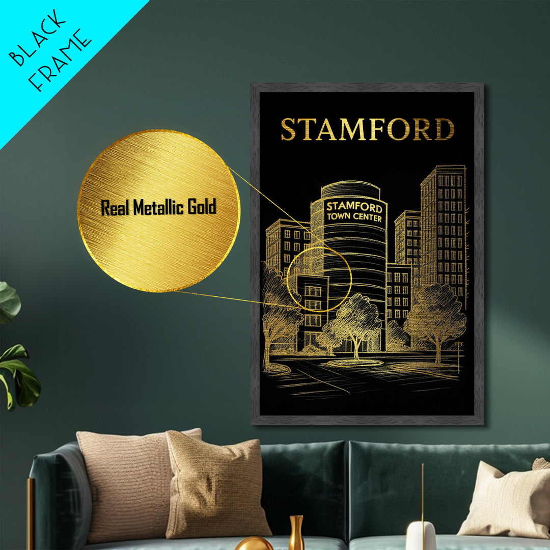 Stamford Connecticut travel, Metallic Gold Print, Modern House Art, Metal Art, Wood Framed Art, Wanderlust Gift, Travel Art Prints