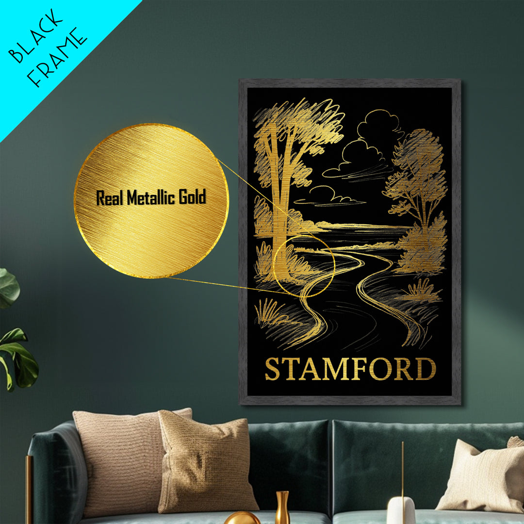 Stamford Connecticut art, Metallic Gold Art, Modern House Art, Metal Art, Wood Framed Art, Graduation Travel Gift, Travel Wall Decor