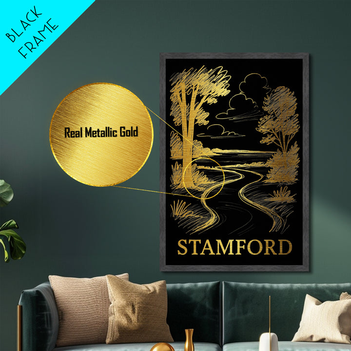 Stamford Connecticut art, Metallic Gold Art, Modern House Art, Metal Art, Wood Framed Art, Graduation Travel Gift, Travel Wall Decor