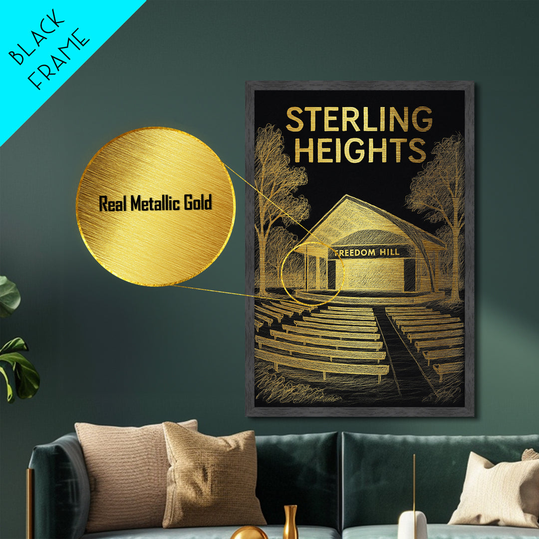 Sterling Heights Michigan travel, Metallic Gold Print, College Dorm Décor, Metal Art, Wood Framed Art, Graduation Travel Gift, Traveler Gift