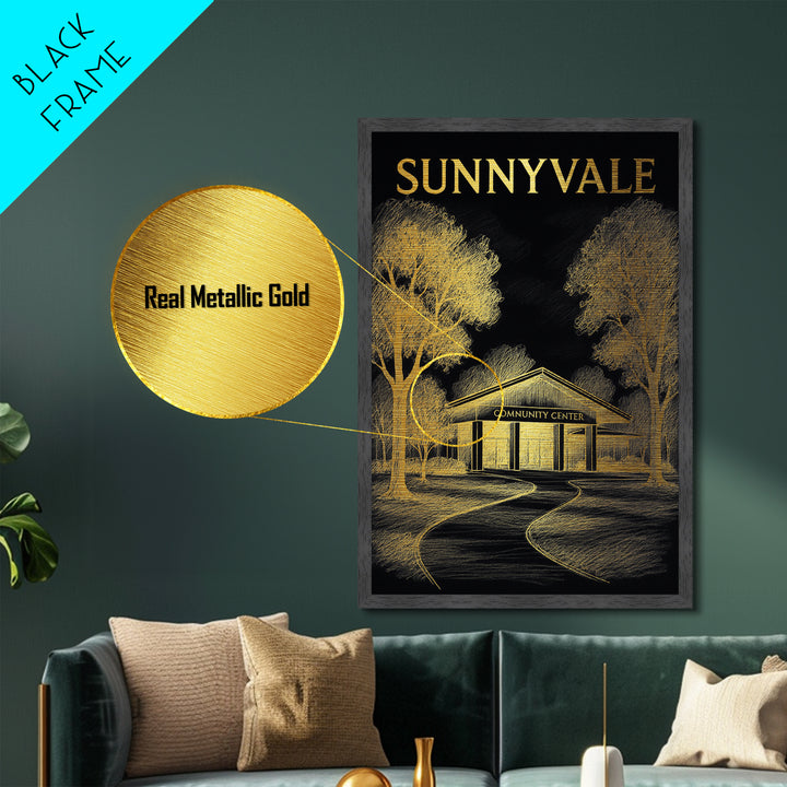 Sunnyvale California travel, Metallic Gold Print, Modern Skyline Wall Print, Metal Art, Wood Framed Art, Adventure Lover Gift, Travel Gift