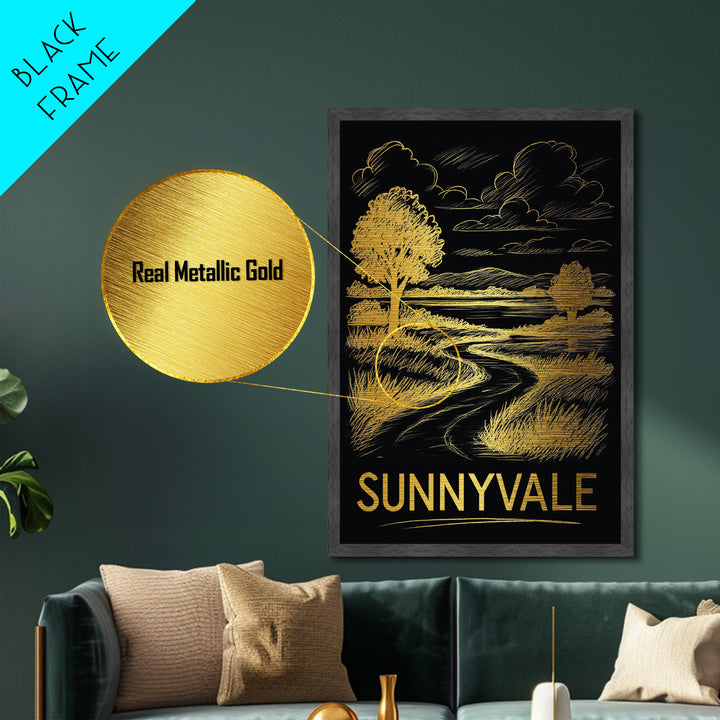 Sunnyvale California art, Metallic Gold Art, Housewarming Gift, Metal Art, Wood Framed Art, Newlywed Travel Gift, Honeymoon Gift