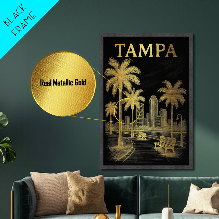 Tampa Florida travel, Metallic Gold Print, Modern Skyline Wall Print, Metal Art, Wood Framed Art, Adventure Lover Gift, Travel Gift