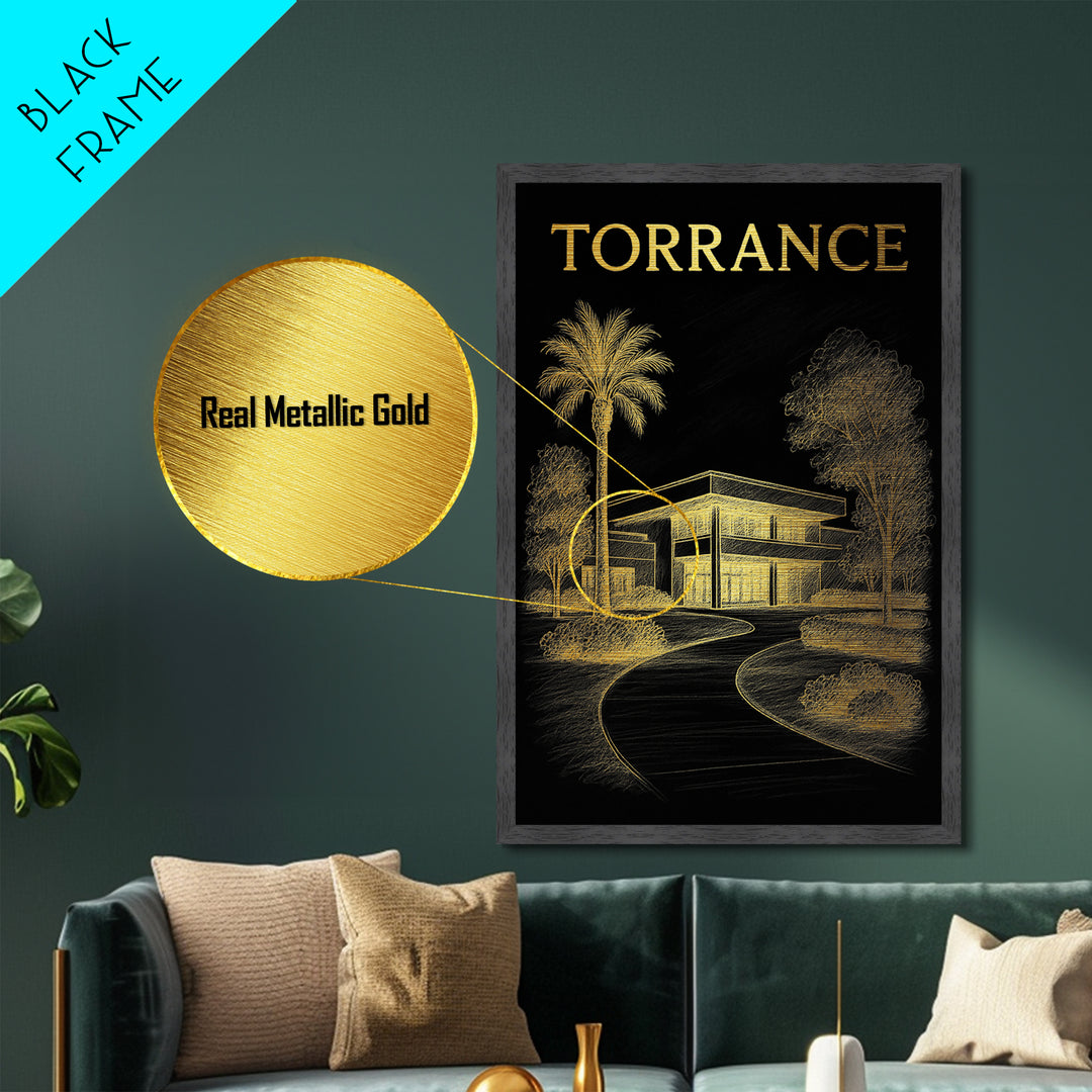 Torrance California travel, Metallic Gold Print, Modern House Art, Metal Art, Wood Framed Art, Wanderlust Gift, Travel Art Prints