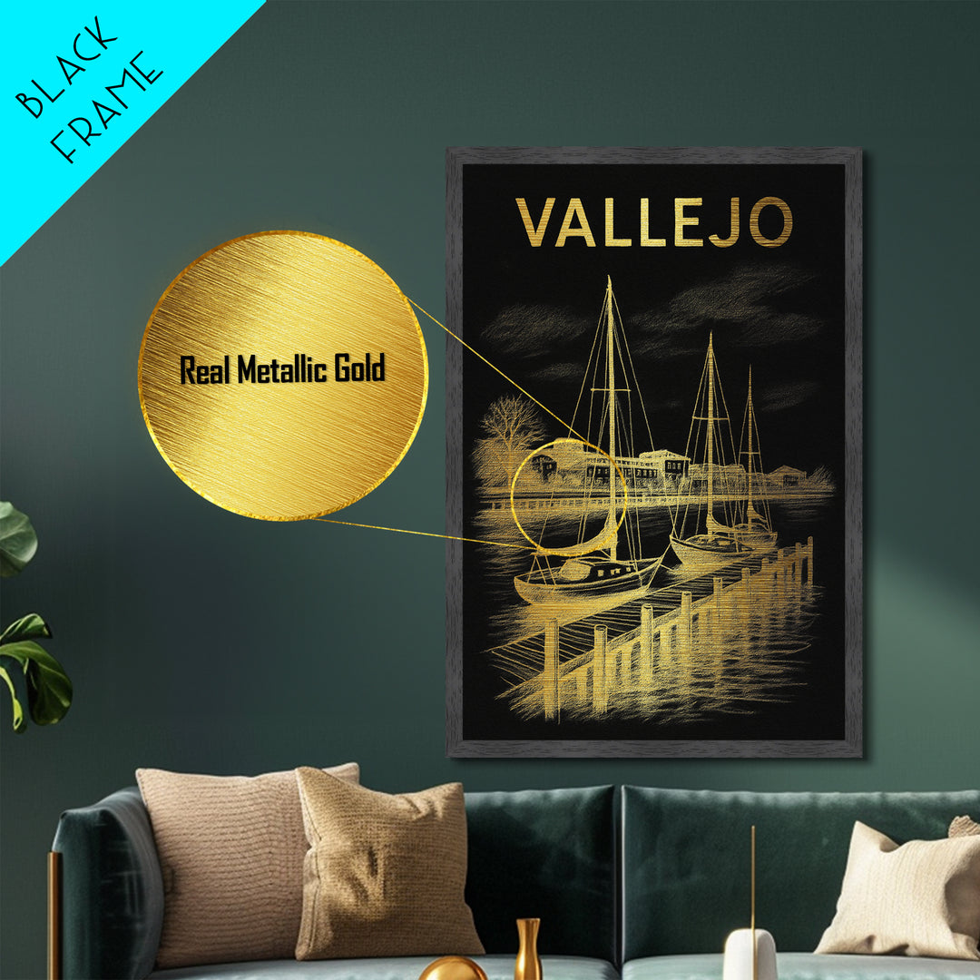 Vallejo California travel, Metallic Gold Print, Wood Framed Art, Metal Art, Minimalist Wall Art, Metallic Gold Print