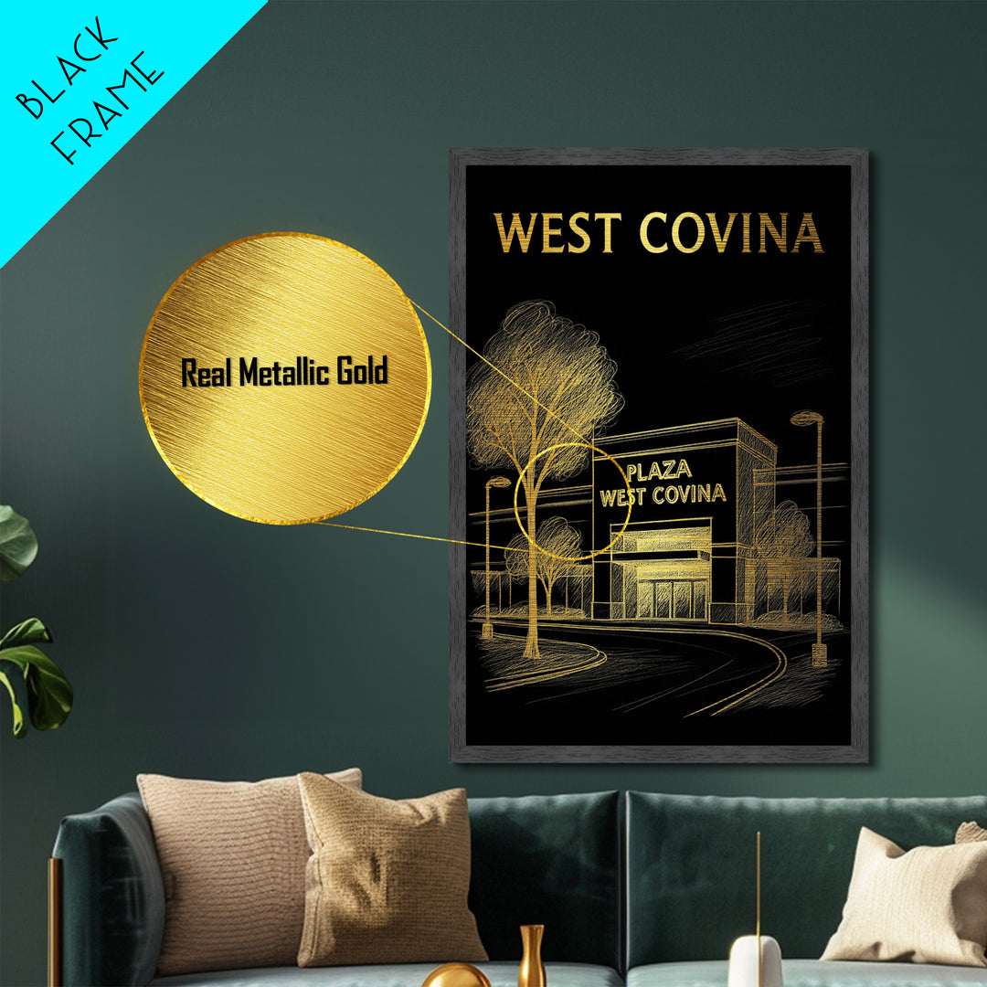West Covina California travel, Metallic Gold Print, Wood Framed Art, Metal Art, Modern House Art, Metallic Gold Print