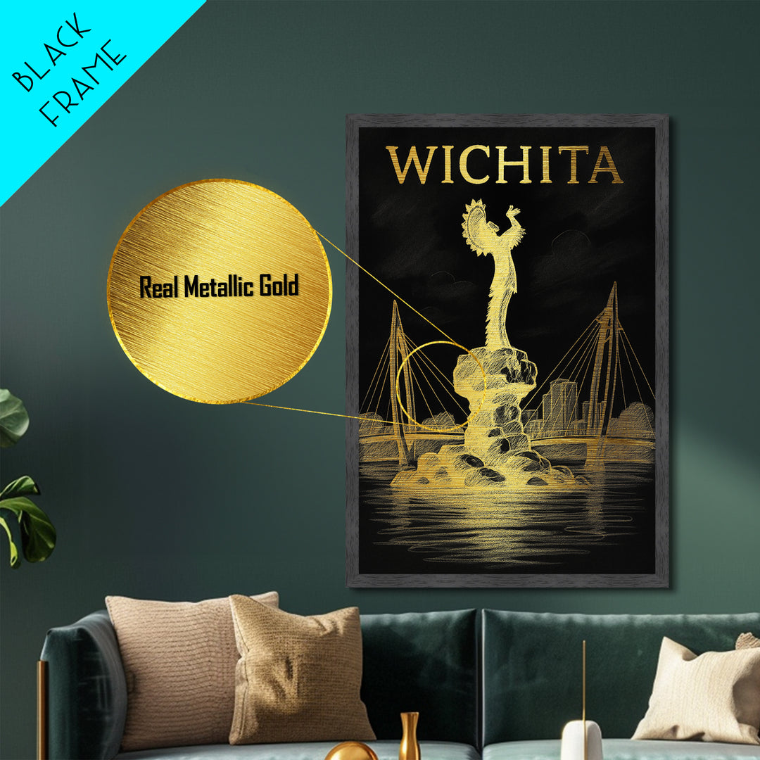 Wichita Kansas travel, Metallic Gold Print, Wood Framed Art, Metal Art, Minimalist Wall Art, Metallic Gold Print, College Dorm Art
