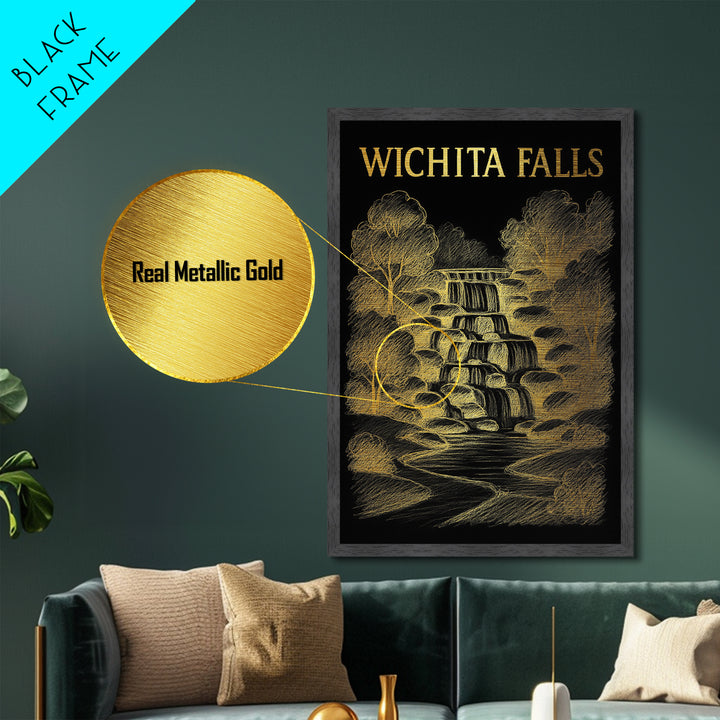 Wichita Falls Texas travel, Metallic Gold Print, Wood Framed Art, Metal Art, College Dorm Décor, Metallic Gold Print