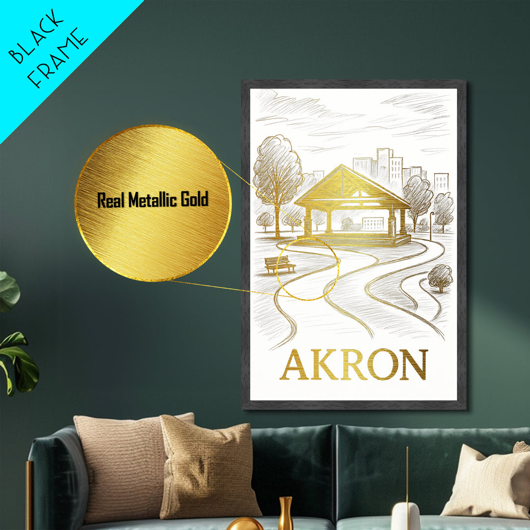 Akron Ohio art, Metallic Gold Print, Modern House Art, Metal Art, Wood Framed Art, Destination Gift, Graduation Travel Gift