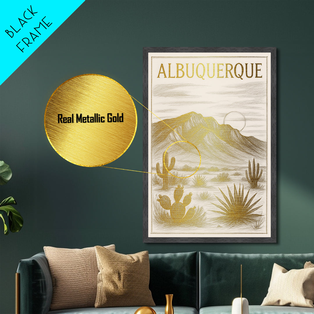 Albuquerque New Mexico travel, Metallic Gold Art, Modern Skyline Wall Print, Metal Art, Wood Framed Art, Travel Gift, Adventure Lover Gift