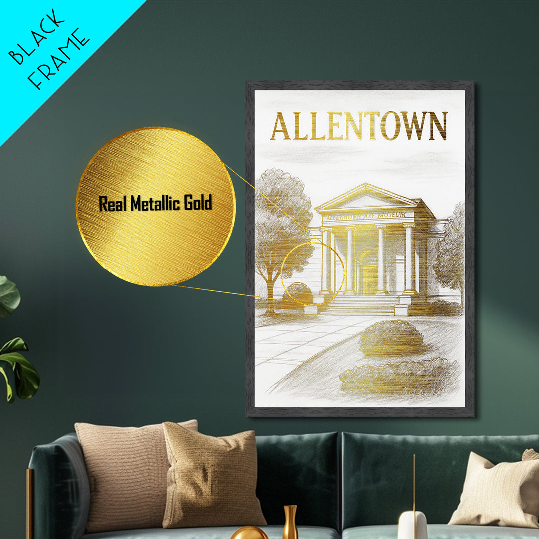 Allentown Pennsylvania travel, Metallic Gold Art, Modern House Art, Metal Art, Wood Framed Art, Traveler Gift, Destination Gift