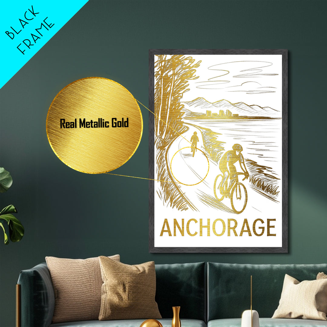 Anchorage Alaska travel, Metallic Gold Art, Modern Skyline Wall Print, Metal Art, Wood Framed Art, Adventure Lover Gift, Travel Gift