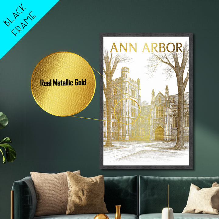 Ann Arbor Michigan travel, Metallic Gold Art, Modern House Art, Metal Art, Wood Framed Art, Wanderlust Gift, Travel Art Prints
