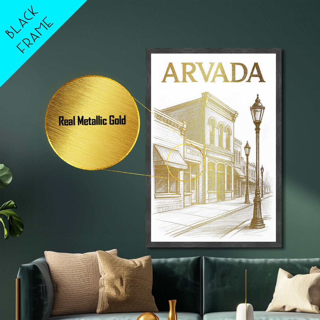 Arvada Colorado travel, Metallic Gold Art, Modern Skyline Wall Print, Metal Art, Wood Framed Art, Adventure Lover Gift, Travel Gift