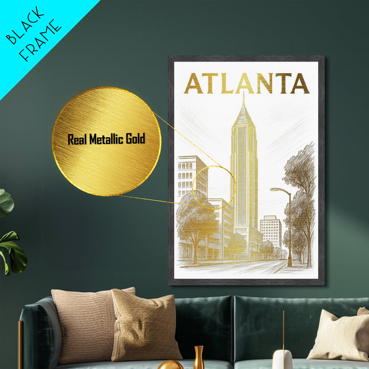 Atlanta Georgia travel, Metallic Gold Art, Modern House Art, Metal Art, Wood Framed Art, Wanderlust Gift, Travel Art Prints