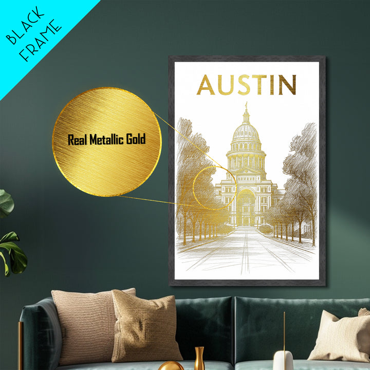 Austin Texas art, Metallic Gold Print, Office Decor, Metal Art, Wood Framed Art, Graduation Travel Gift, Destination Gift