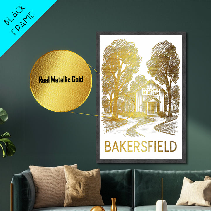 Bakersfield California art, Metallic Gold Art, Modern House Art, Metal Art, Wood Framed Art, Birthday Travel Gift, Destination Gift