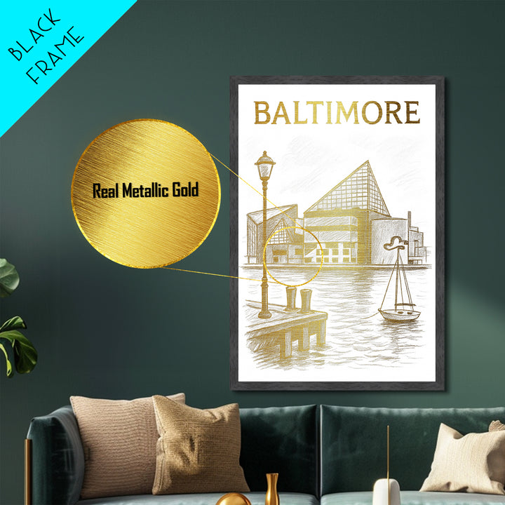 Baltimore Maryland travel, Metallic Gold Print, Modern House Art, Metal Art, Wood Framed Art, Traveler Gift, Destination Gift