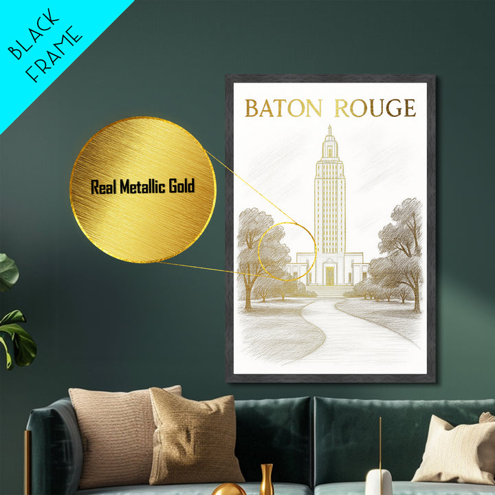 Baton Rouge Louisiana travel, Metallic Gold Print, College Dorm Décor, Metal Art, Wood Framed Art, Graduation Travel Gift, Travel Gift