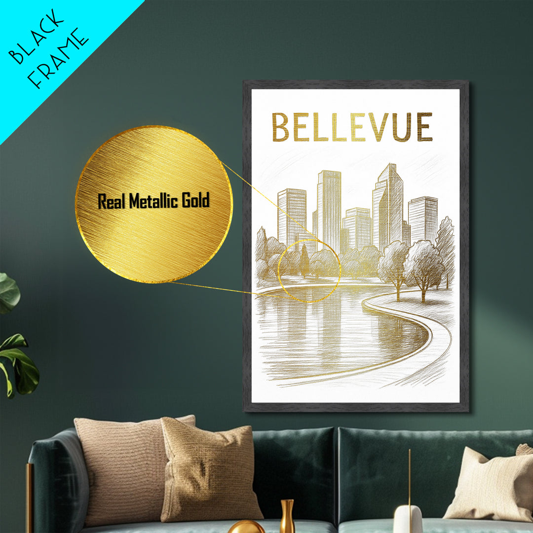 Bellevue Washington travel, Metallic Gold Print, Modern House Art, Metal Art, Wood Framed Art, Wanderlust Gift, Travel Art Prints