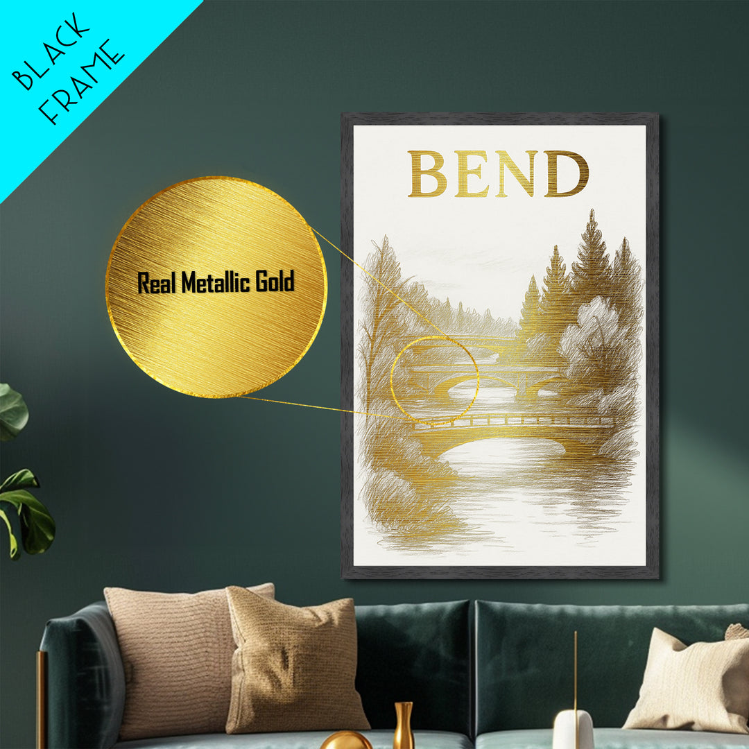 Bend Oregon travel, Metallic Gold Print, Modern House Art, Metal Art, Wood Framed Art, Traveler Gift, Destination Gift
