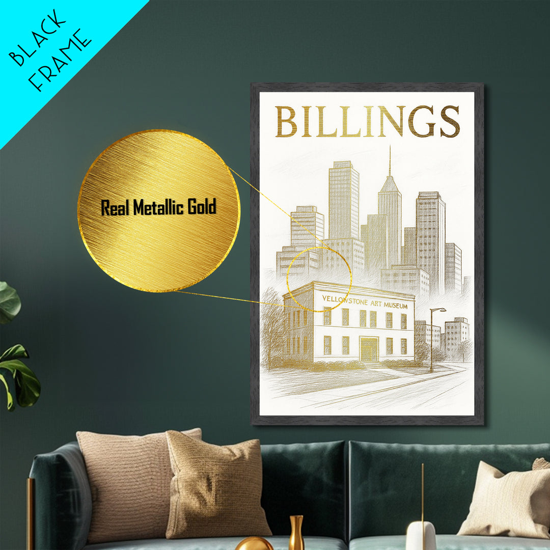 Billings Montana travel, Metallic Gold Print, Modern Skyline Wall Print, Metal Art, Wood Framed Art, Adventure Lover Gift, Travel Gift