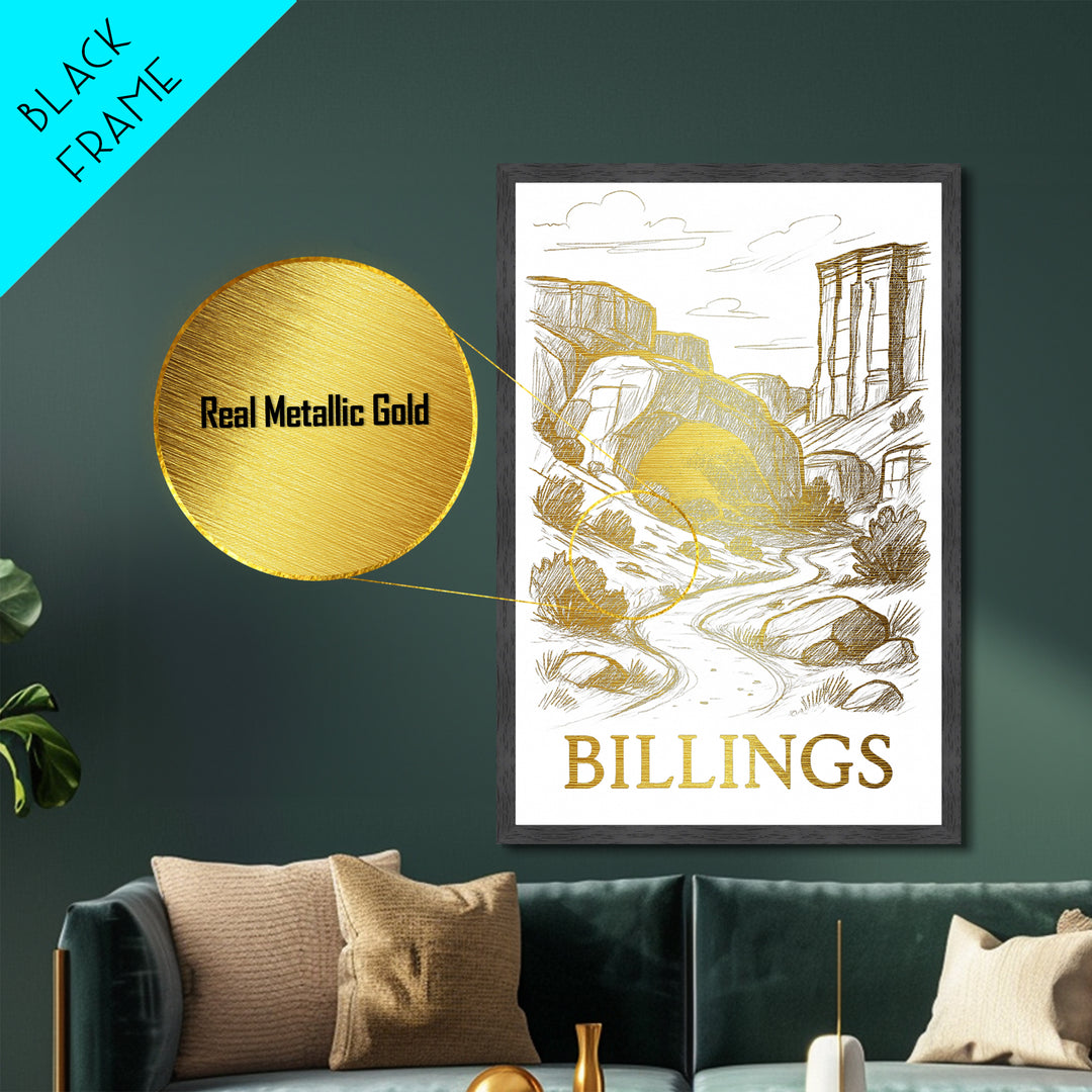 Billings Montana art, Metallic Gold Art, Housewarming Gift, Metal Art, Wood Framed Art, Newlywed Travel Gift, Honeymoon Gift