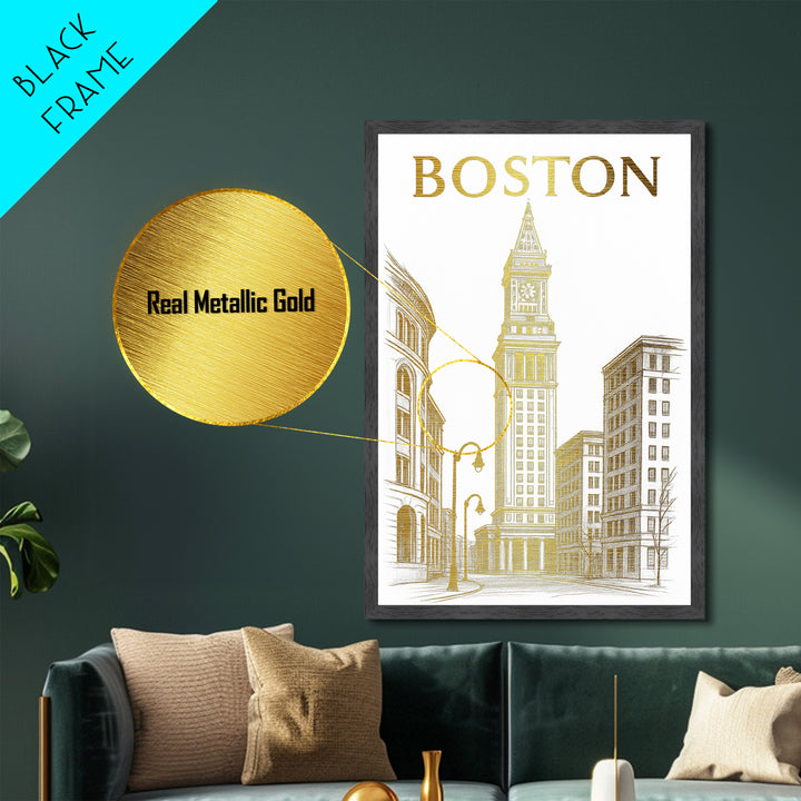 Boston Massachusetts travel, Metallic Gold Print, Modern House Art, Metal Art, Wood Framed Art, Traveler Gift, Destination Gift