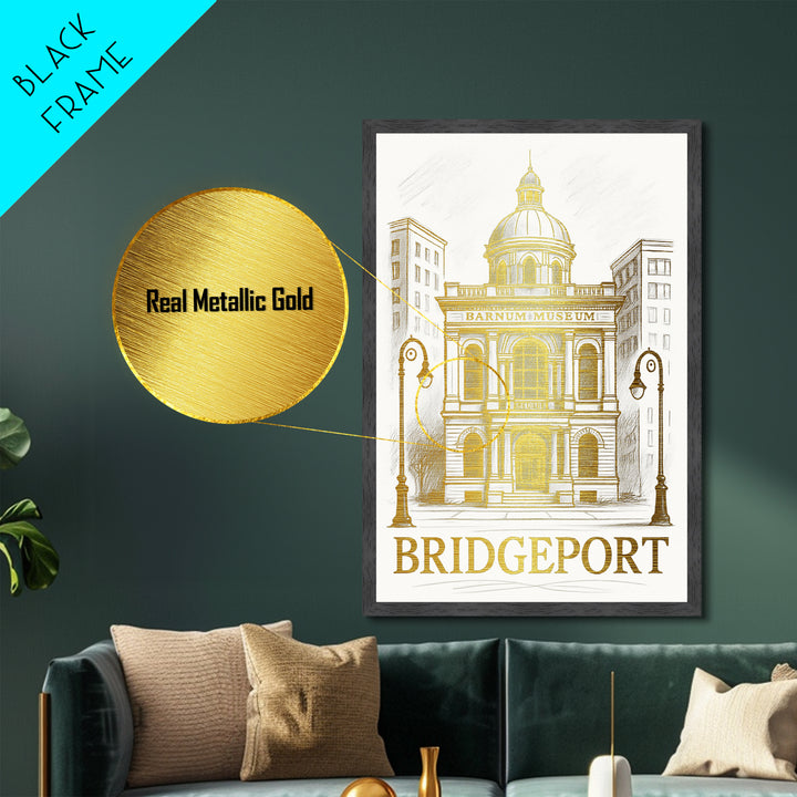 Bridgeport Connecticut art, Metallic Gold Art, Housewarming Gift, Metal Art, Wood Framed Art, Newlywed Travel Gift, Honeymoon Gift