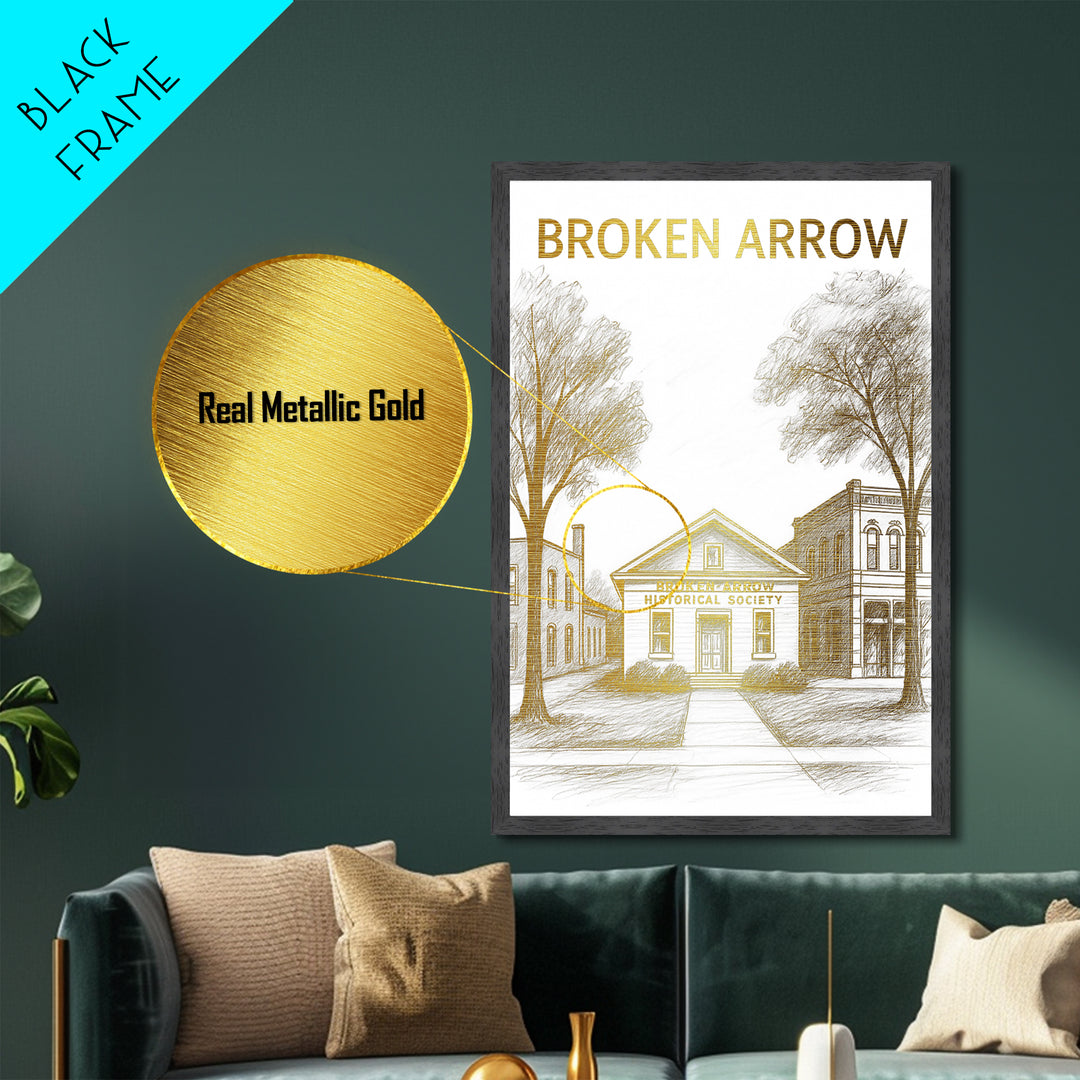 Broken Arrow Oklahoma travel, Metallic Gold Print, Modern House Art, Metal Art, Wood Framed Art, Wanderlust Gift, Travel Art Prints