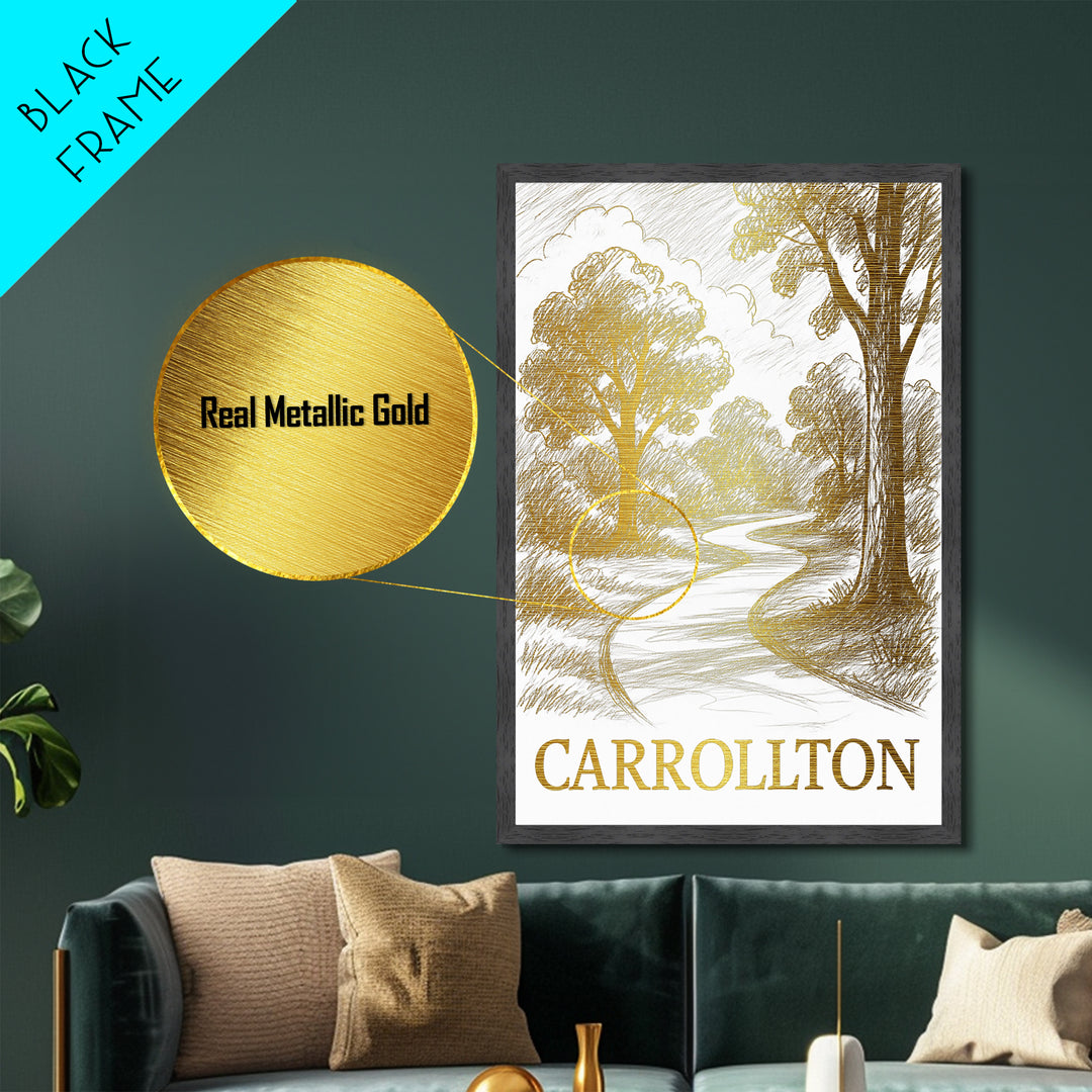 Carrollton Texas art, Metallic Gold Art, Office Decor, Metal Art, Wood Framed Art, Graduation Travel Gift, Destination Gift