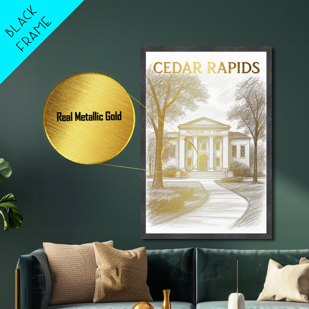 Cedar Rapids Iowa travel, Metallic Gold Print, Modern House Art, Metal Art, Wood Framed Art, Traveler Gift, Destination Gift