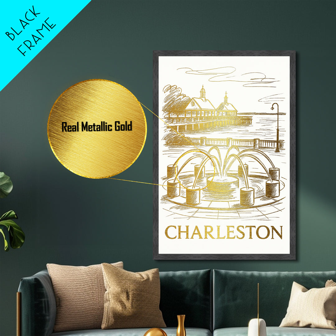 Charleston South Carolina art, Metallic Gold Art, Office Decor, Metal Art, Wood Framed Art, Graduation Travel Gift, Destination Gift