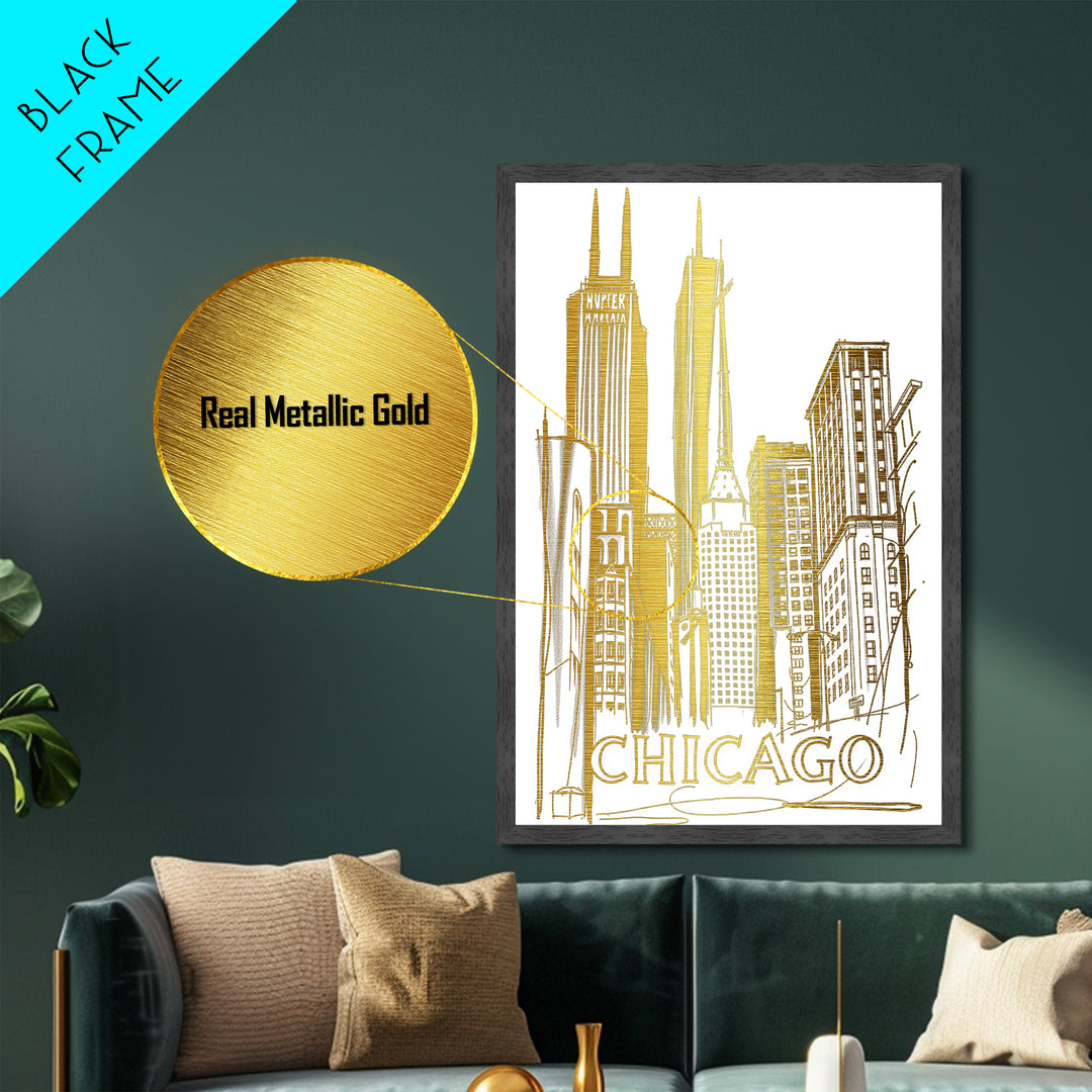 Chicago Illinois travel, Metallic Gold Print, Modern Skyline Wall Print, Metal Art, Wood Framed Art, Adventure Lover Gift, Travel Gift