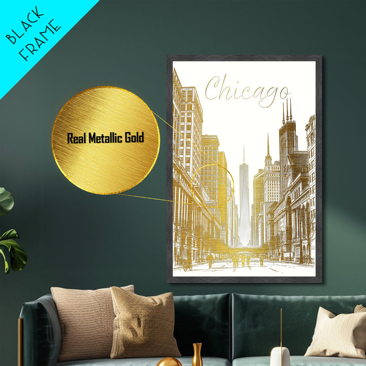 Chicago Illinois art, Metallic Gold Art, Housewarming Gift, Metal Art, Wood Framed Art, Newlywed Travel Gift, Honeymoon Gift
